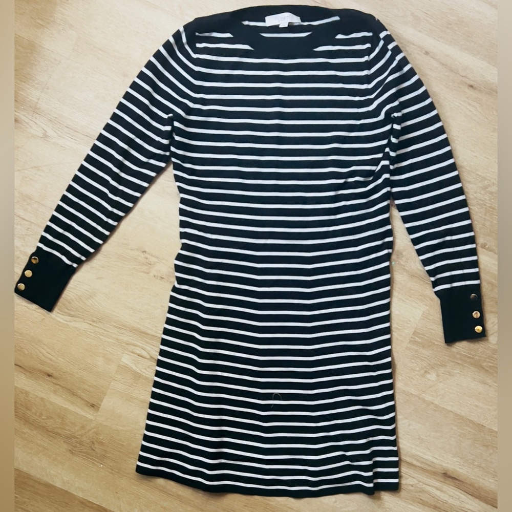 LOFT Black White Stripe Sweater Dress Gold Buttons M